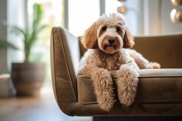 Goldendoodle poses confidently on a modern designer chair