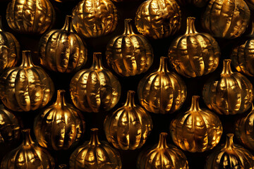 Halloween pattern of gold pumpkins on black background.