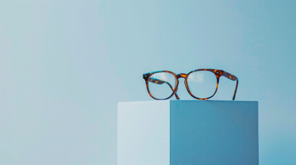 Stylish glasses with tortoiseshell frames on a stand against a white backdrop. Minimalist eyewear photography. Optic store deals and discounts available. Space for text. Eye-catching eyewear images.