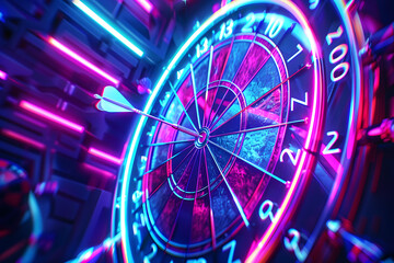 A vibrant, neon-lit dartboard with a dart hitting the bullseye under futuristic lighting. AI