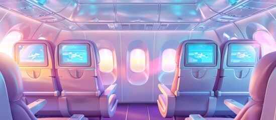 HighTech Airplane Cabin A D Cartoon of a Personalized InFlight Entertainment System and Comfortable Seating