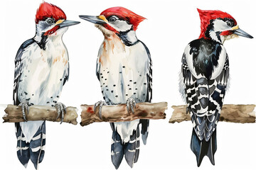 watercolour painting of red head woodpecker set collection isolated on white background