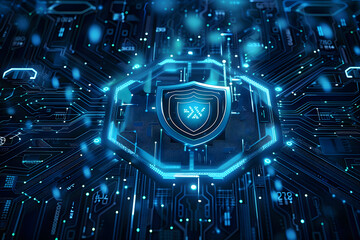 Futuristic blue cyber security concept with a shield symbol centered on a digital interface. AI