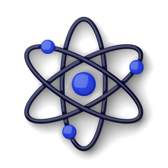 Blue atom model with alpha channel, educational science icon PNG.
