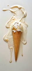 A white cone with ice cream and melted ice.