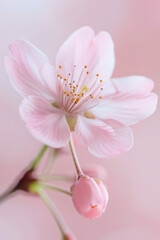 Obraz premium Detailed pink cherry blossom flower on pink background, highlighting delicate beauty