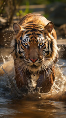 A magnificent Bengal tiger is swiftly moving through a tranquil body of water, showcasing its wild and powerful grace