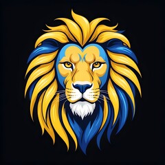 Obraz premium lion head logo vector with sharp blue and yellow mane, lion head logo on black
