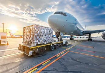 Fototapeta premium Cargo containers are being loaded onto a modern freighter jet at the airport, preparing for air transport shipment.