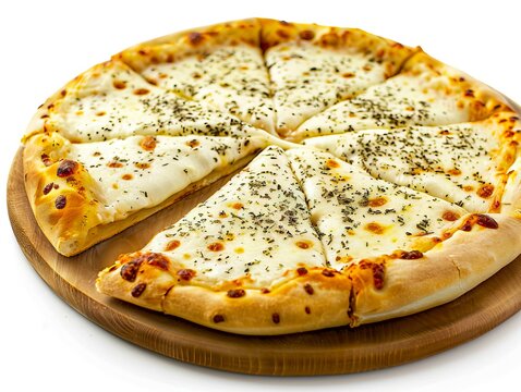 A pizza with cheese and herbs on a wooden plate.