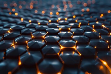 Fototapeta premium A black background with hexagons and lights.