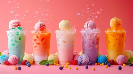 Fototapeta premium A group of colorful drinks with bubbles and sprinkles.