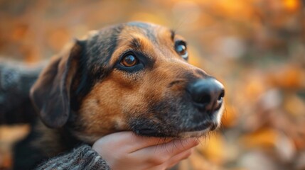 showing love and care to a dog by gently stroking its head, symbolizing the importance of proper animal treatment