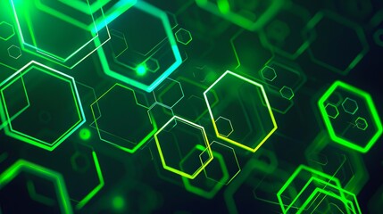 Obraz premium A green background with hexagons and glowing lights.