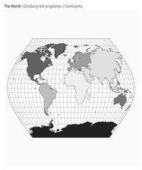 World Map. Ginzburg VIII projection. Continents style. High Detail World map for infographics, education, reports, presentations. Vector illustration.