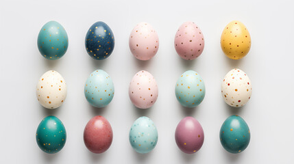 Obraz premium Happy Easter concept. Preparation for the holiday. Easter candies, chocolate eggs, sweets on a colored background. Simple minimalism, flat lay, top view, copy space