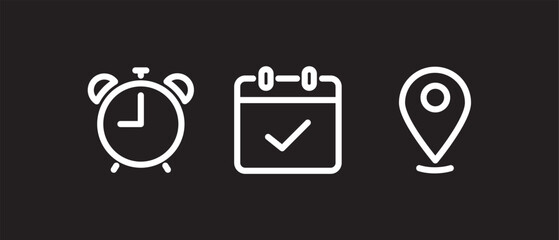 Simple Time, date, and address icon vector. Event elements, Time and date line icon in black background.