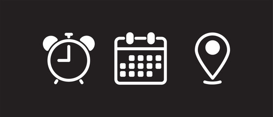 Time, date, and address icon vector. Event elements, Simple time and date white line icon in black background.