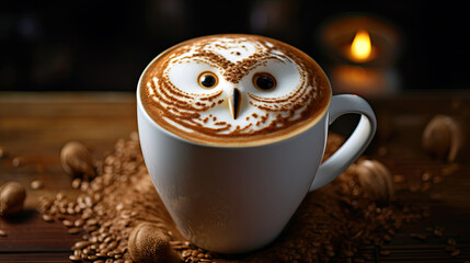 Cup of coffee with latte art, milk foam owl illustration. Cozy atmosphere. Cup of cappuccino on wooden table for coffee lovers.