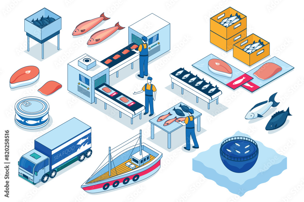 Poster fish processing 3d isometric mega set. collection flat isometry elements and people of fish farm, fi