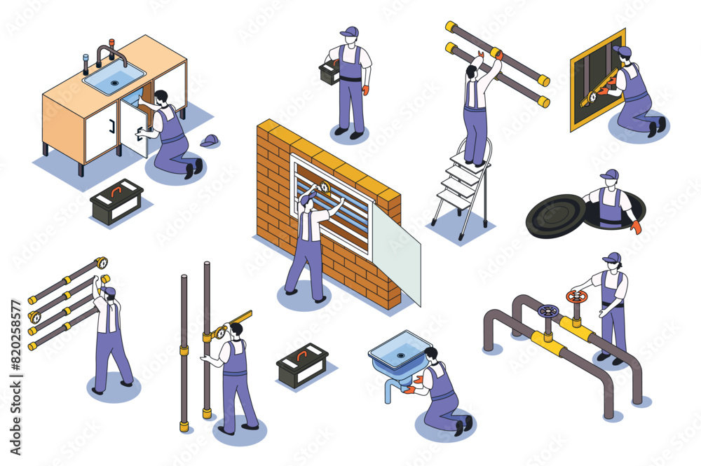 Poster plumber 3d isometric mega set. collection flat isometry elements and people of pipeline repair work,