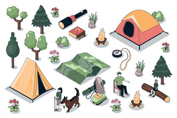 Hiking 3d isometric mega set. Collection flat isometry elements and people of camping tents, tourists at campfire, trekking map, backpacks and touristic equipment, forest trees. Vector illustration.