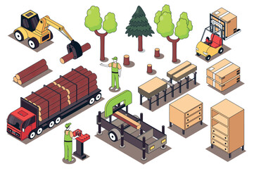 Furniture manufacture 3d isometric mega set. Collection flat isometry elements and people of woodworking process, forest woodcutting, carpentry production machine, transportation. Vector illustration.