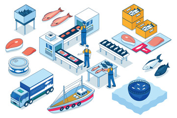 Fish processing 3d isometric mega set. Collection flat isometry elements and people of fish farm, fishing, food production, salmon slice package line, tuna canned, transportation. Vector illustration.