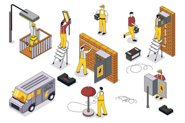 Household electrician 3d isometric mega set. Collection flat isometry elements and people of technical engineers fixing electric box, cables, lamps, street lights, switch boards. Vector illustration.