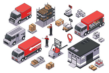 Logistics 3d isometric mega set. Collection flat isometry elements and people of delivery trucks, warehouse shelves, parcel transportation, loading and unloading boxes, shipping. Vector illustration.