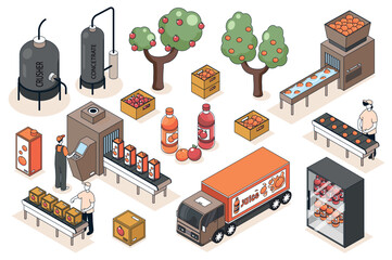 Juice production 3d isometric mega set. Collection flat isometry elements and people of garden harvesting process, plant conveyor lines, crushing and bottling factory machines. Vector illustration.