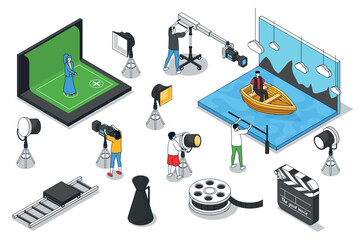 Movie production 3d isometric mega set. Collection flat isometry elements and people of backstage scenes, cinema making equipment, cameramans, shooting crew, actors, spotlights. Vector illustration.