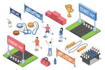 Marathon 3d isometric mega set. Collection flat isometry elements and people of run competition, start and finish banners, jogging athletes, trophy medals and places, water drink. Vector illustration.