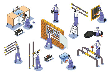 Plumber 3d isometric mega set. Collection flat isometry elements and people of pipeline repair work, household pipe fixing, measuring tools installation, sewerage maintenance. Vector illustration.