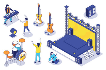 Rock festival 3d isometric mega set. Collection flat isometry elements and people of concert stage, music speakers, musical instrument, musician band playing, audience dancing. Vector illustration.