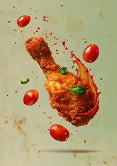 a fried chicken leg floating in the air, surrounded by a swirling wave of tomato sauce