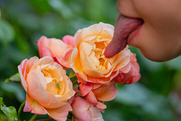 Tongue sensual lick orchid. Sexy woman mouth with tongue sticking out. Beautiful mouth close-up. Big female tongue. Sexy lick. © Volodymyr