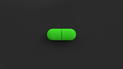 Green single pill isolated on a black background. Tablet, pill top view, flat lay. 3d render illustration 