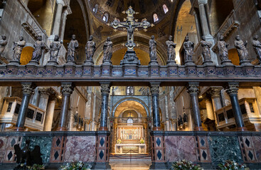 The chancel, the gothic altar, the apostles statues and the presbytery inside of St. Mark's basilica in Venice; Italy