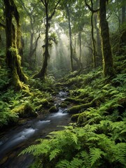 Fototapeta premium Tranquil stream meanders through verdant forest, its path illuminated by sunlight piercing dense canopy overhead. Forest floor, blanketed in moss, radiates various hues of green.