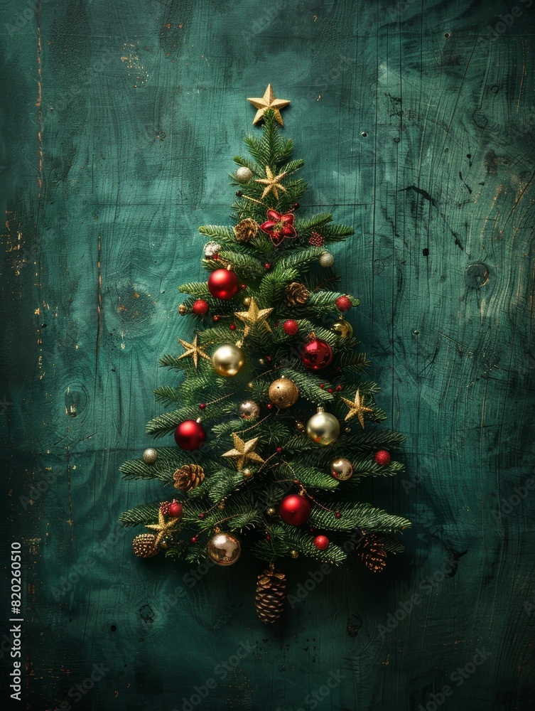 Wall mural festive design christmas tree. merry christmas and happy new year holiday card, poster and banner