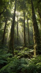 Fototapeta premium Sunlight pierces dense canopy of lush, green forest, casting ethereal beams that illuminate verdant undergrowth below. Moss-covered trees stand tall, majestic, their trunks.