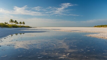 Fototapeta premium Tranquil beach landscape unfolds, with calm waters reflecting sky. Tall palm trees on left, their green fronds offering stark contrast to blue, white hues of sky. Beach extends into distance.