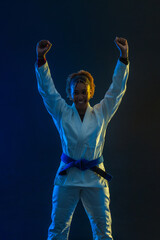 Brazilian girl Jujutsu fighter is ready for the Jiu Jitsu wrestling competition. Brazilian sport...