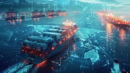 Futuristic cargo container ships utilize technology for global logistics, employing world maps and supply chain networks for container export-import