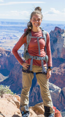 Naklejka premium A woman with a backpack is enjoying the breathtaking view from the mountain top