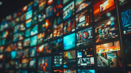 Fototapeta premium Wall of Televisions With Multiple Screens Showing Various TV Channels
