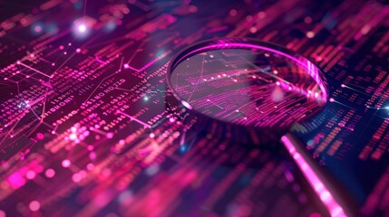 Magnifying glass on bright neon abstract digital technology background