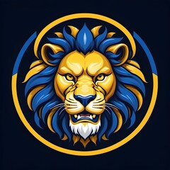 Obraz premium angry lion head logo with yellow and blue mane enclosed in a circle