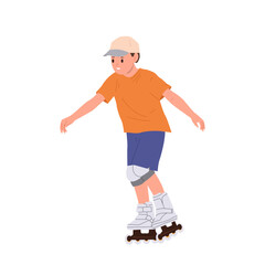 Healthy active boy child cartoon character wearing knee pads riding rollers exercising on street